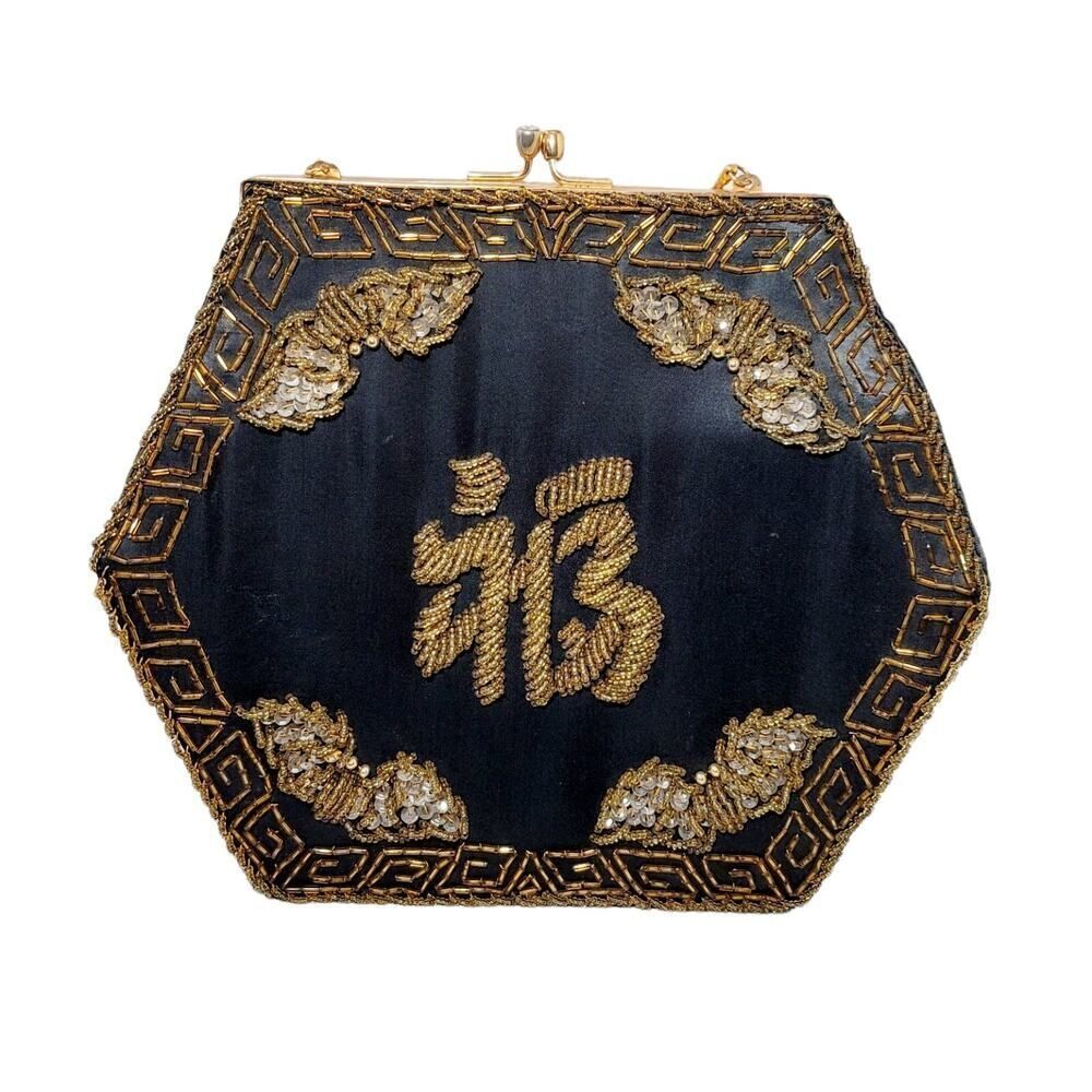 Vintage Seed Beaded Black Bag with Embroidered Floral Pattern Gold Hardware